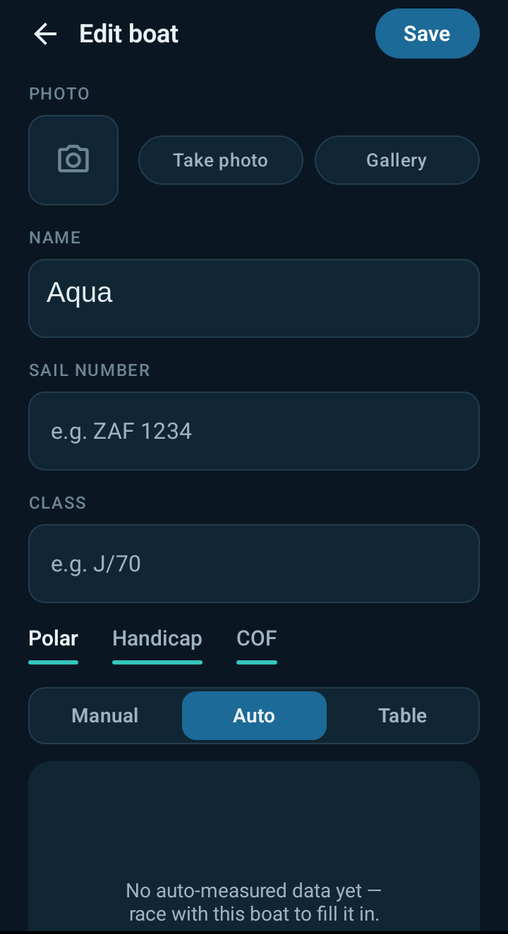SailR boat editor with Polar, Handicap and COF tabs