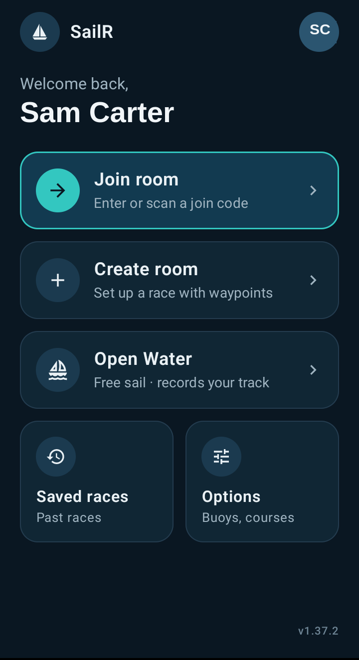 SailR home screen with Join room, Create room and Open Water options