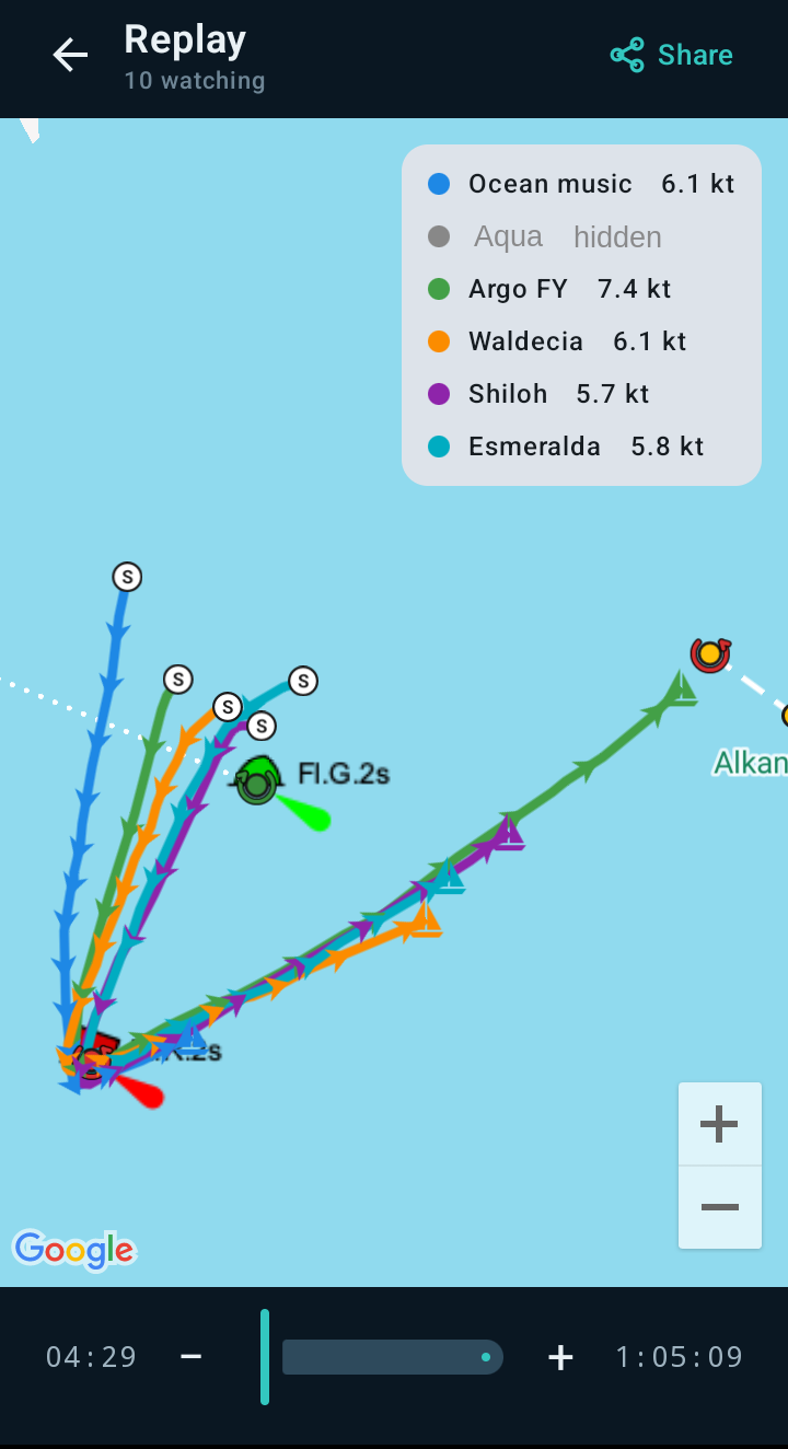 SailR live fleet map with six boats' speed-gradient trails, per-boat speeds and nautical buoys