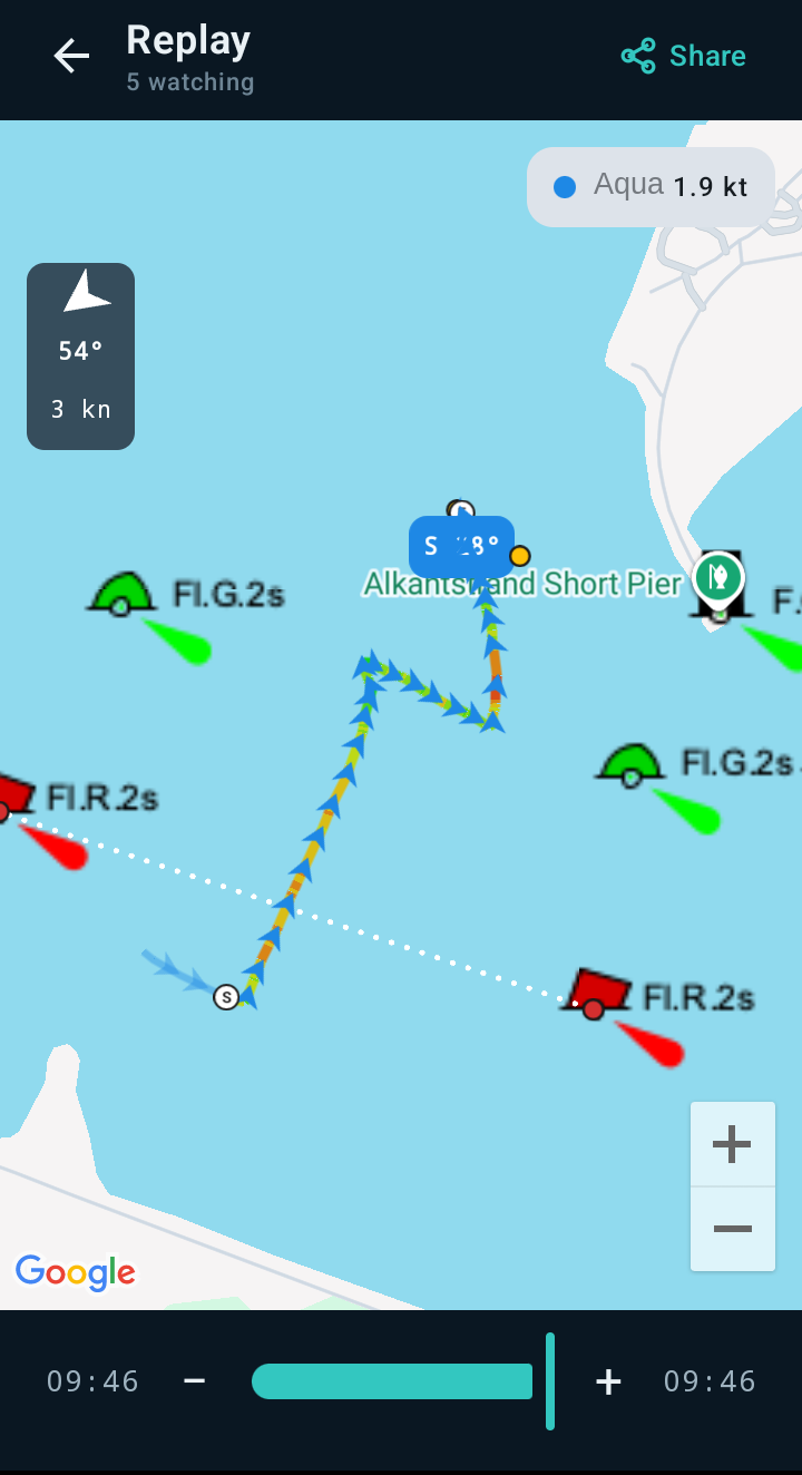 SailR post-race replay: a single boat's speed-gradient trail with wind indicator and nautical buoys